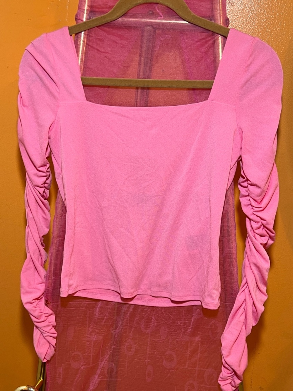 Square-Neck Top with Ruched Long Sleeves | Pink